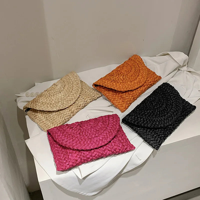 Artisan Corn-Husk Weave Dinner Clutch | Sophisticated Simple Straw Summer Purse | Elegant Embroidered Vacation Handbag | "Dignified" Soft Satchel Wallet for Versatile Seasonal Styling Luxegan