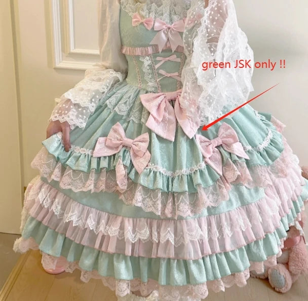 Women's Sweet Lolita JSK Suspender Dress Set | Original Doll Feeling Princess Fairy Mini Gown | Elegant Lace Bow Spaghetti Strap Cake Dress | Premium Tatting Slight Stretch Empire Waist Vestido Luxegan