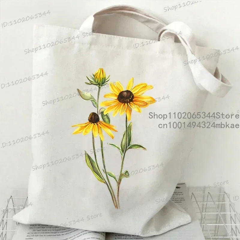 Fashion Canvas Tote Bag Oil Painting Wildflowers Print Lady Shoulder Shopping Bag | Plant Style Daisy Vintage Flower Women Handbag Luxegan