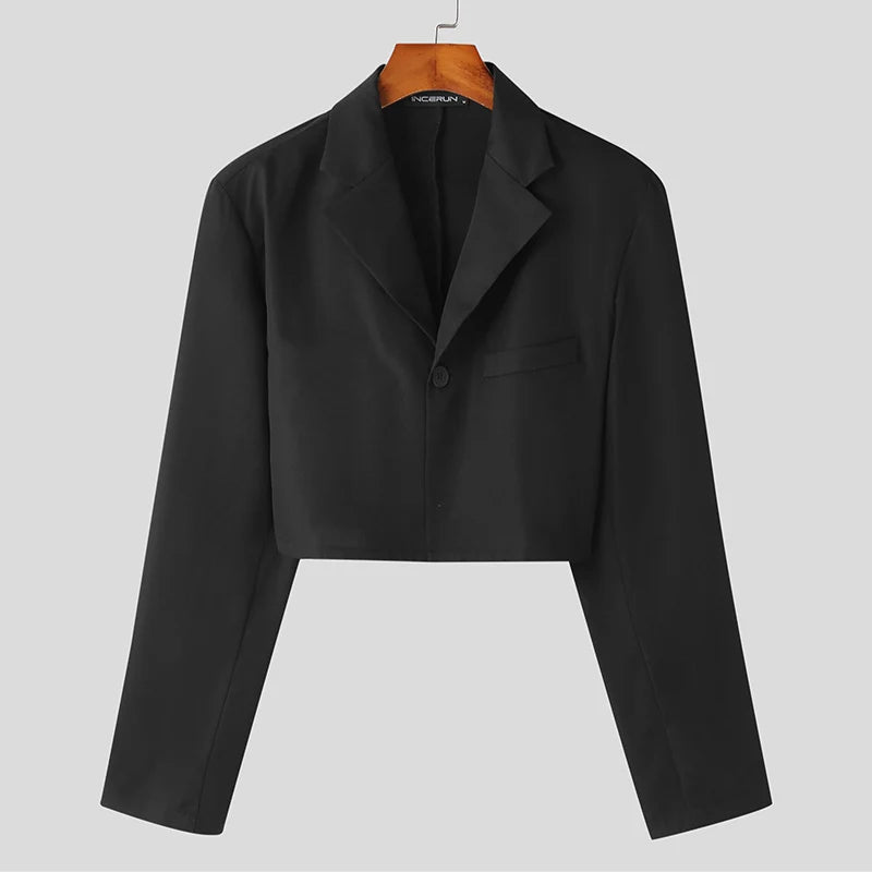Men's Solid Color Lapel Crop Blazer | Sophisticated "Streetwear" Short Silhouette | Elegant One-Button Autumn Suit | "Dignified" Full Sleeve Fashion Coat for Radiant Versatile Styling Luxegan