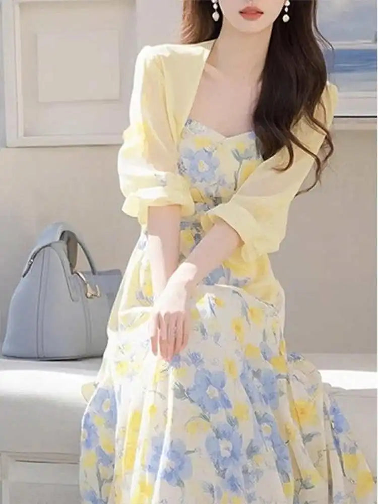 Summer Large Size Women's Faionable Sun Protection Open Cardigan Top Waist Cinching Floral Dr Gentle Wind Two-Piece Set