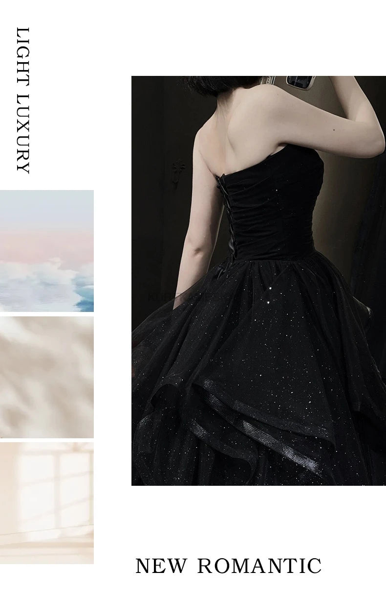 Solid Black Strapless Sleeveless Ball Gown Floor-Length Dress – Empire Waist, Built-In Bra Luxegan