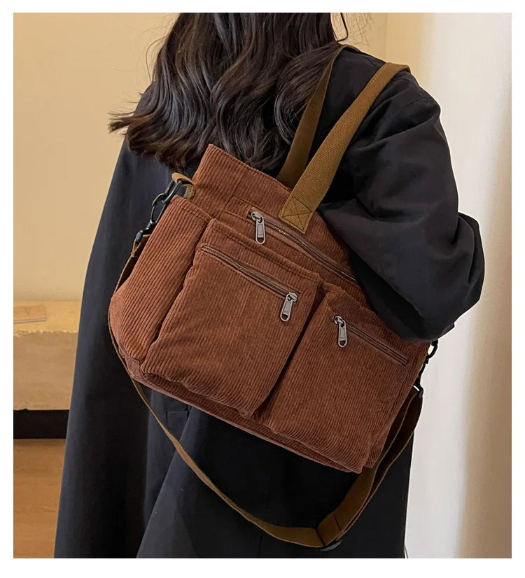 Female Large Capacity Corduroy Tote Bag | New Korean Style Fashion Women's Shoulder Crossbody Bag (Worker Commuter Handlebag)