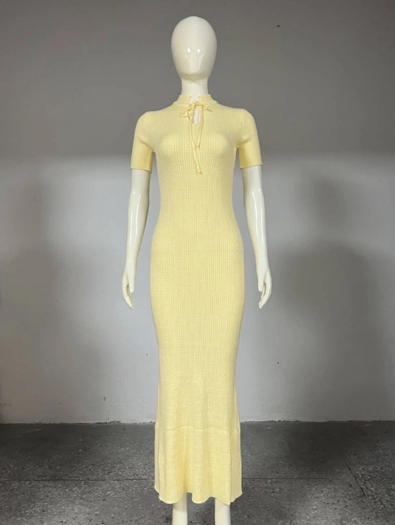 Knit Lace-Up V-Neck Short Sleeve Straight Ankle-Length Dress – Hollow-Out, High Stretch, Summer Luxegan
