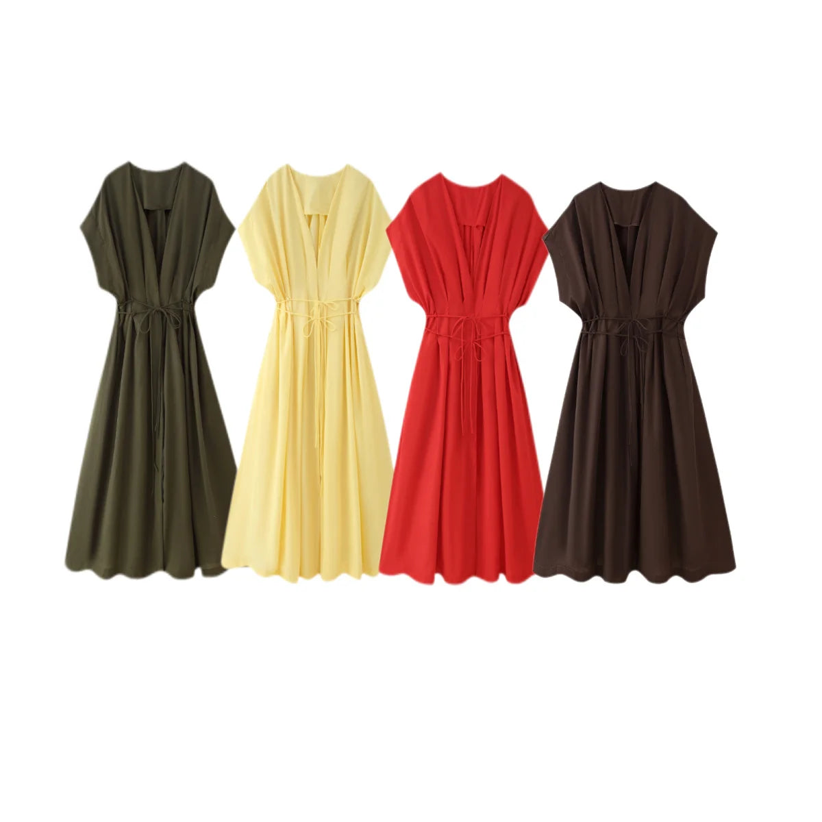 Draped V-Neck Sleeveless A-Line Midi Dress – Loose Fit, Empire Waist, Spring/Summer Luxegan