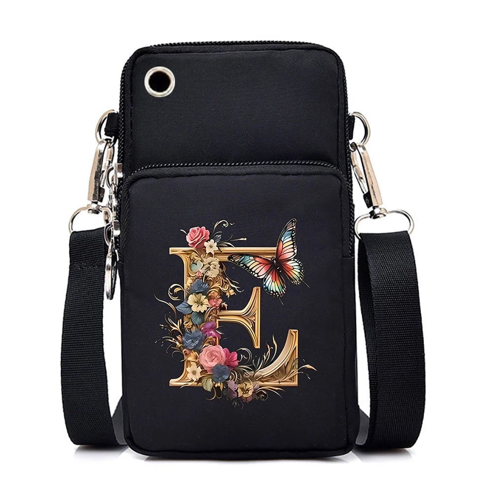 Women’s Small Crossbody Mobile Phone Bag | Sophisticated Vintage Flower & Alphabet Purse | Elegant Mini Messenger with Soft Leather Strap | Fashion-Forward Cartoon Applique Shoulder Bag (Model 858) Luxegan
