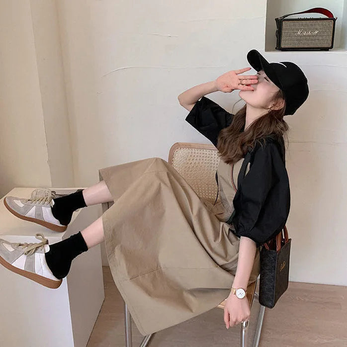 Women's Spring Summer Workwear Overalls Two-Piece Set | Trendy Bubble Puff Sleeve Streetwear Suit | Chic Salt System Casual Outfit | Premium Loose Fit O-Neck Mid-Calf Fashionable Set Luxegan