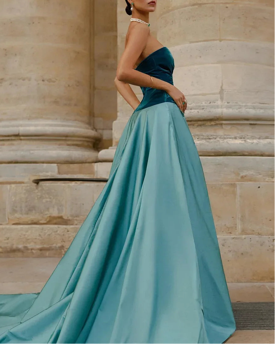Sweetheart Strapless A-Line Chapel Train Prom Gown | Pleated Velour Formal Evening Dress with Built-In Bra Luxegan