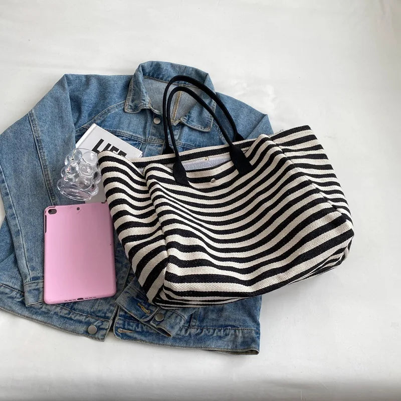 Casual Striped Canvas Bag for Women | Large Capacity Shoulder Bag & Daily Shopping Tote (Student Bookbag for School, Travel, Beach) Luxegan