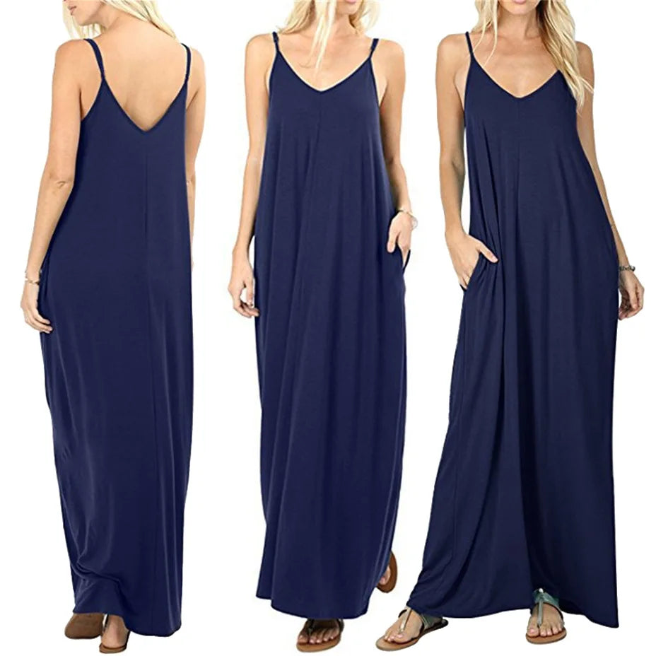 Women's New Summer Couture Line Plain Baggy Dress | Elegant V-Neck Sleeveless Tank Top Dress | Sexy Sling Spaghetti Strap Evening Gown | Premium Medium Stretch Loose Fit Straight Silhouette Floor-Length Camisole Vestido Model A2312088 Luxegan
