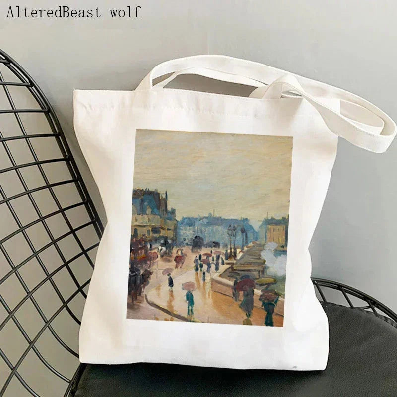 Monet Water Lilies Canvas Shoulder Bag | Sophisticated Kawaii Harajuku Shopping Tote | Elegant Art-Inspired Shopper Handbag | "Dignified" Durable Square Purse for Versatile Daily Styling Luxegan