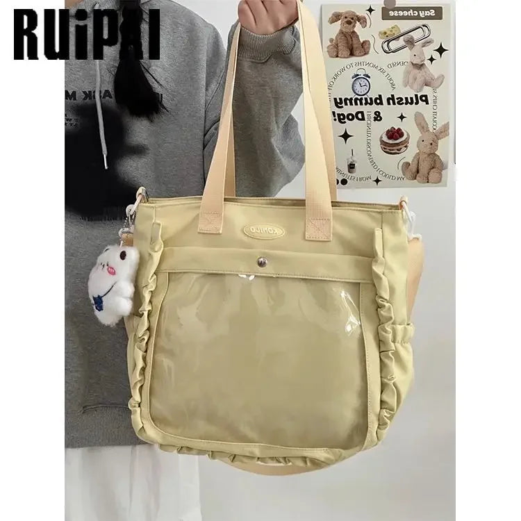 Cute Ulzzang Ita Bag | Large Capacity Nylon Tote Shoulder Bag | Japanese Harajuku College Crossbody with DIY Badges Display Plate Luxegan