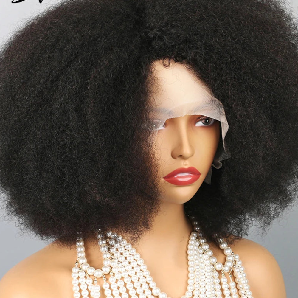 Afro Kinky Curly 13x2 T-Part Lace Front Wig | 200% Density Brazilian Human Hair Blend Wig | Short Transparent Swiss Lace Frontal Kinky Curly Wig for Black Women Luxegan