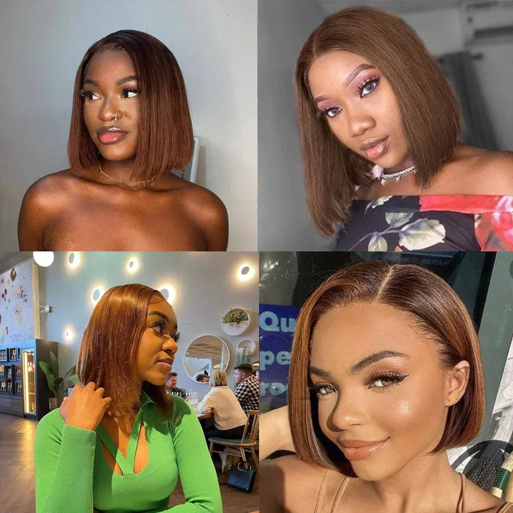 #4 Chocolate Brown Straight Bob Wig | Sophisticated 200% Density HD Transparent Lace Frontal | Elegant "Short Bob" Silhouette | "Dignified" Pre-Plucked Brazilian Remy Human Hair for Radiant Versatile Styling Luxegan