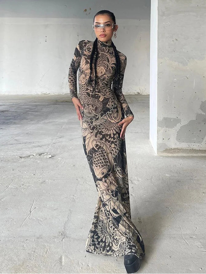 Mesh Print Bodycon Maxi Dress | O-Neck Full Sleeve Slim High Street Y2K Dress Luxegan
