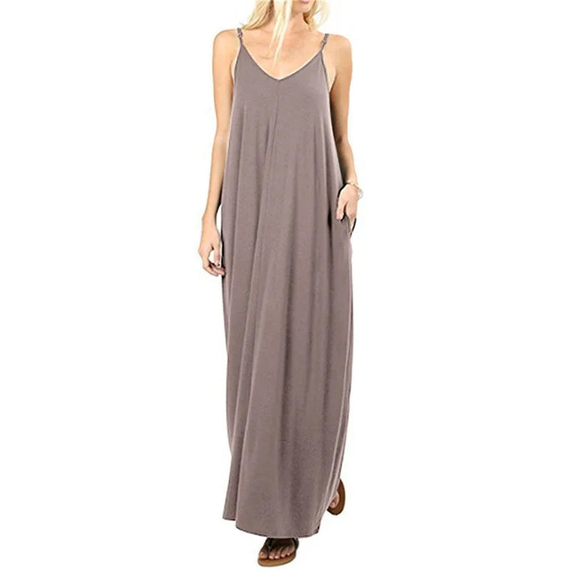 Women's New Summer Couture Line Plain Baggy Dress | Elegant V-Neck Sleeveless Tank Top Dress | Sexy Sling Spaghetti Strap Evening Gown | Premium Medium Stretch Loose Fit Straight Silhouette Floor-Length Camisole Vestido Model A2312088 Luxegan