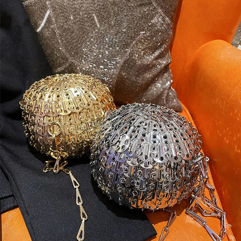 Designer Aesthetic Handmade Woven Metal Bag | Luxury Metal Sheet Ball Shoulder Bag | Elegant Hollow Out Evening Purse | Fashionable Metallic Holiday Party Crossbody Luxegan