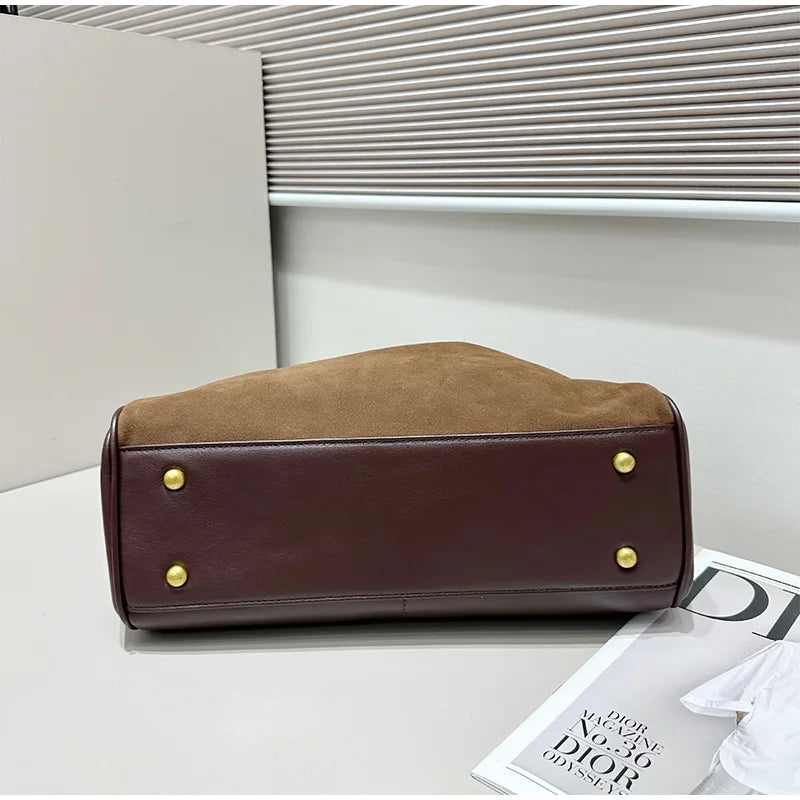 Denim/Suede Casual Tote | Soft Vintage Gold Buckle Messenger Bag Luxegan