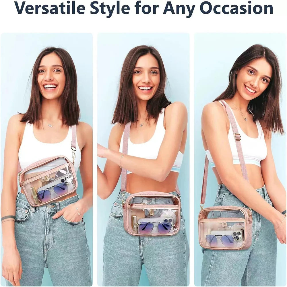 Transparent PVC Crossbody Bag | Ladies Jelly Square Shoulder Messenger Bag & Waterproof Cosmetic Bag (Female Phone Purse for Travel) Luxegan
