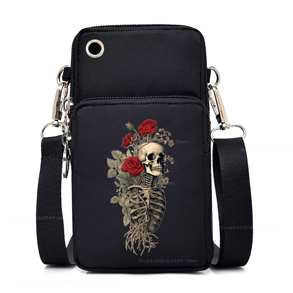 "Dead Inside But Love Cats" Shoulder Bag | Sophisticated Funny Vintage Skeleton Purse | Elegant Cartoon-Print Mobile Phone Bag | "Dignified" Soft Nylon Mini-Handbag for Versatile Casual Styling Luxegan