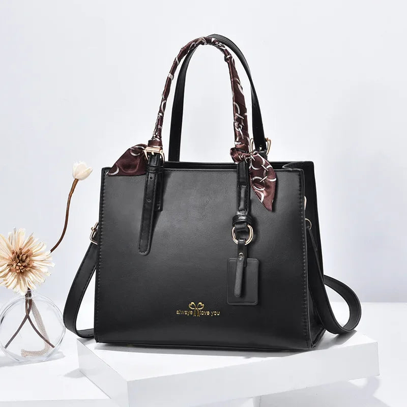 New Elegant Ladies’ Shoulder Messenger Bag | Sophisticated Simple PU Leather Square Bag | Fashion-Forward Large Capacity Handbag with Silk Scarf Decoration | Professional High-Street Casual Tote Luxegan