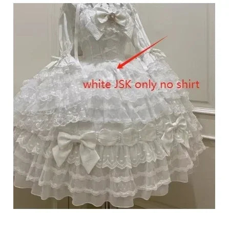 Sweet Lolita JSK Dress Set – Lace, Bow, Spaghetti Strap, Square Collar, A-Line