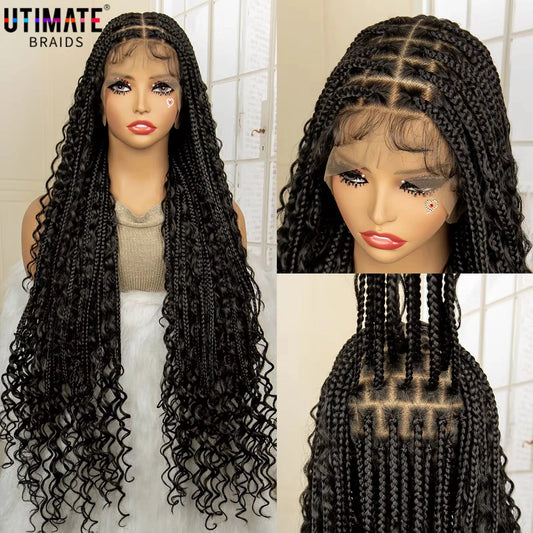 36 Inches Long Boho Braided Wigs with Baby Hair Synthetic Full Lace Knotless Box Braiding Wig with Curly Lace Frontal Wig Luxegan