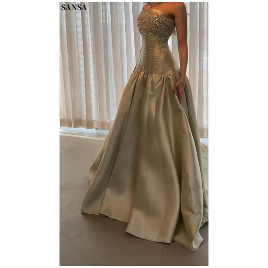 Sansa Vestidos de Gala sin Tirantes Elegantes Color Champán Dorado 2026 Personalizados, Corsé con Cuentas, Vestido de Satén, Vestidos de Noche Formales