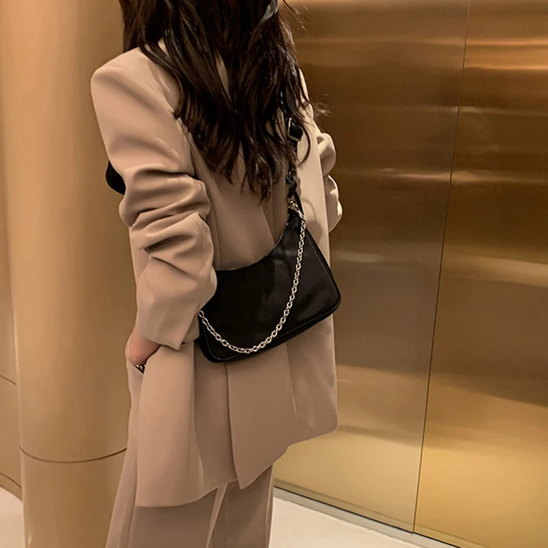 Casual Nylon Waterproof Women Shoulder Hobo Bags | Fashion Cool Black Chain Decolr Armpit Crossbody With Small Purse Luxegan