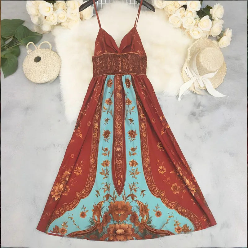 Printed V-Neck Spaghetti Strap Sleeveless Slim A-Line Ankle-Length Dress – Slight-Stretch Polyester, Empire Waist, Summer Luxegan