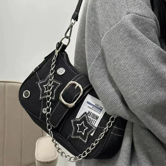 Aesthetic Women's Denim Handbag | Chain Shoulder Bag with Star Detail | Soft Underarm & Top Handle Armpit Bag for Shopping & Dating Luxegan