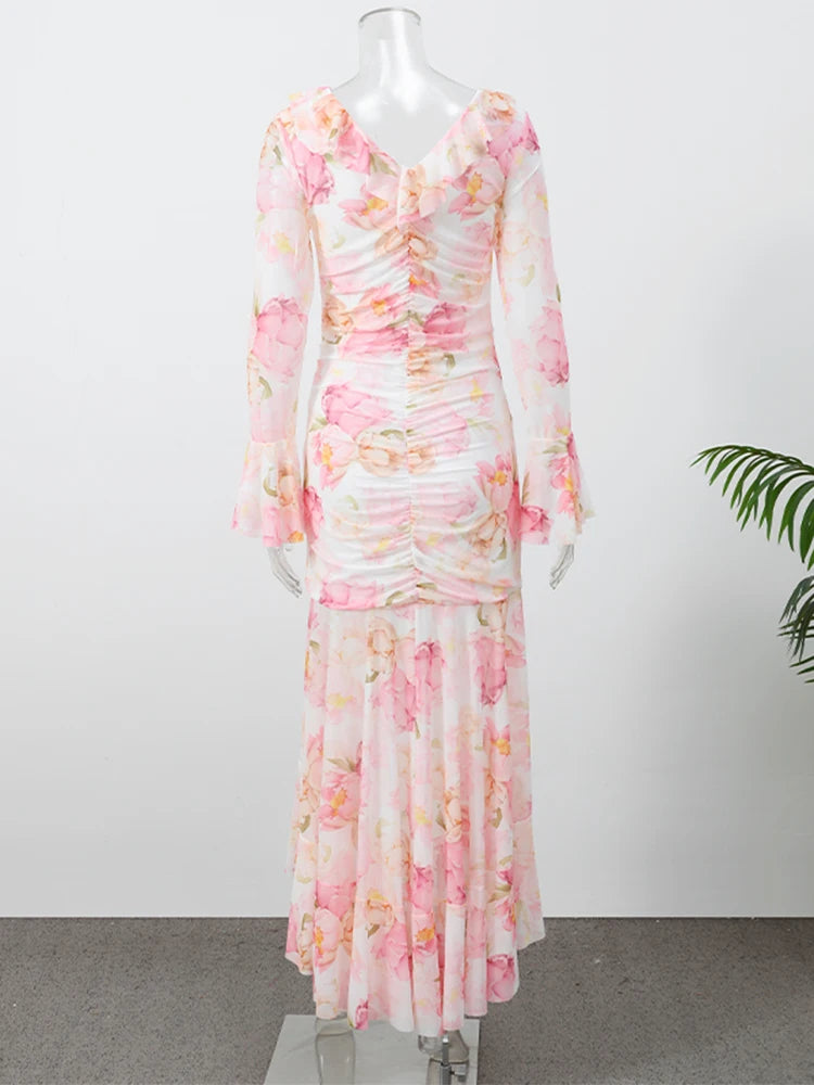 Flutter Sleeves Slim Long Dress Women Casual Pleated Deep V-neck Floral Print High Waist Dresses 2026 Lady Summer Holiday Wear