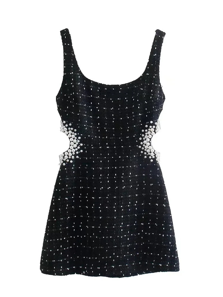 Hollow-Out Square Neck Spaghetti Strap Mini Dress – Zipper Back, A-Line, Summer Luxegan
