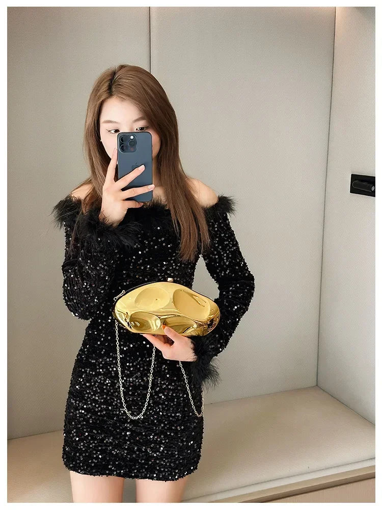 Hard Acrylic Shell Minaudiere | Gold/Silver/Blue Metal Shiny Evening Clutch Luxegan