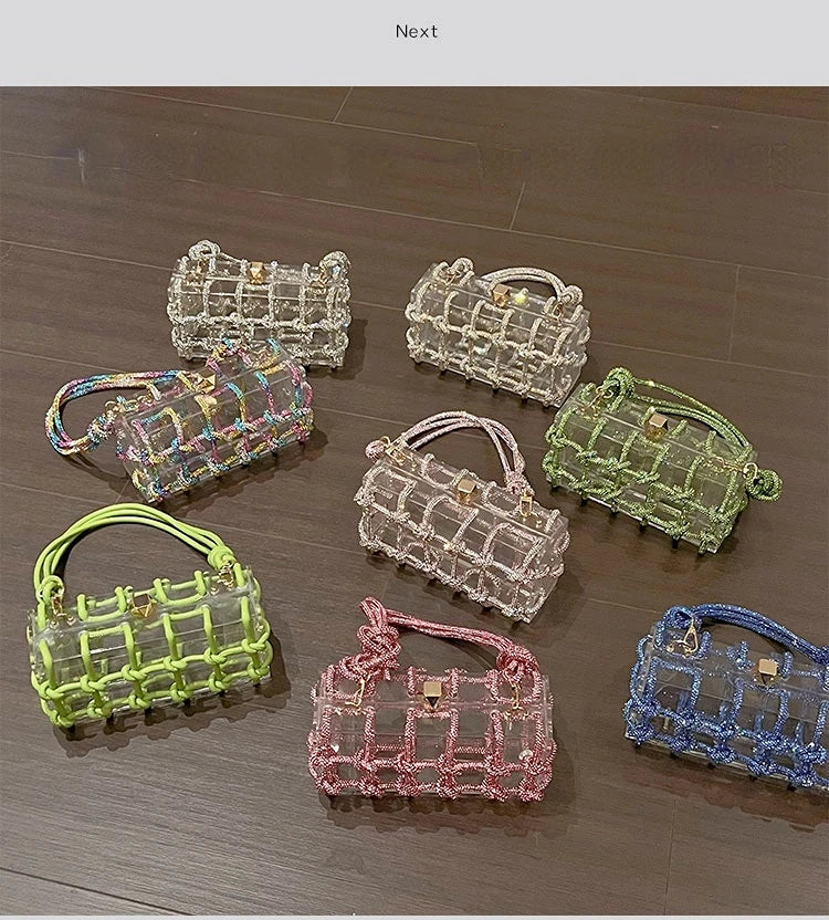 Diamond Clear Acrylic Box Evening Bag | Boutique Woven Knotted Rhinestone Purse | Luxury Party Clutch with Crystal Rope Handle & Metal Chain (Model 1201000988) Luxegan