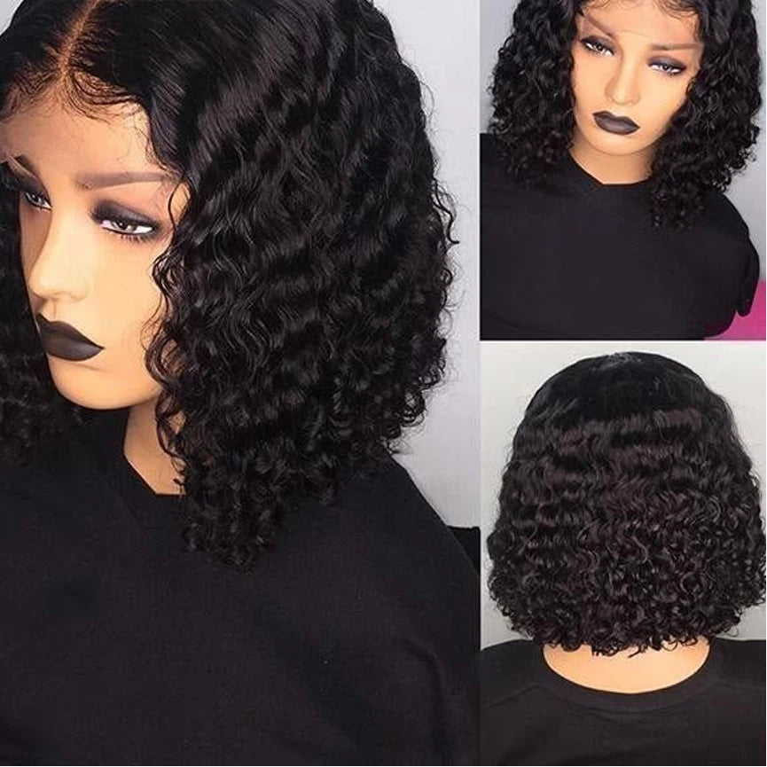 Brazilian Highlight Deep Wave Curly Bob Wig | 13x4 Transparent Swiss Lace Frontal Wig | 180% Density Peruvian Virgin Human Hair Pre-Plucked Curly Bob (14 Inch, Multi-Tonal Caramel Highlights) Luxegan