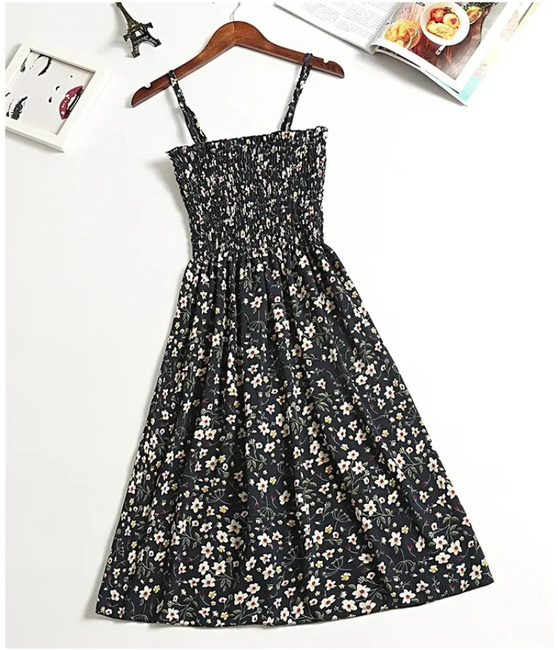 Floral Chiffon Spaghetti Strap Mini Dress | Ruffled Slash-Neck Elastic Waist Sundress | Tiered Spring/Summer Slim Fit A-Line Dress Luxegan