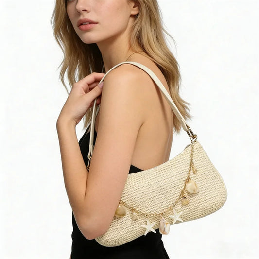 Woven Underarm Straw Bag | Sophisticated "Baguette" Silhouette | Elegant Pearl & Chain Decoration | "Dignified" High-Performance Straw Weaving Essential for Radiant Versatile Styling Luxegan