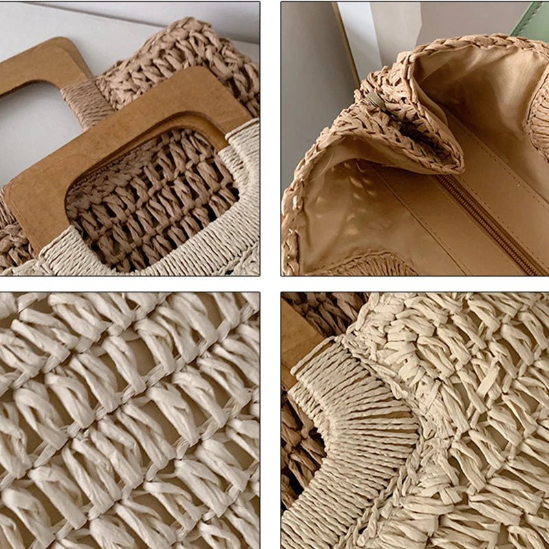 Summer Woven Straw Handbag | Wooden Handle Bag & Large Capacity Beach Tote Luxegan