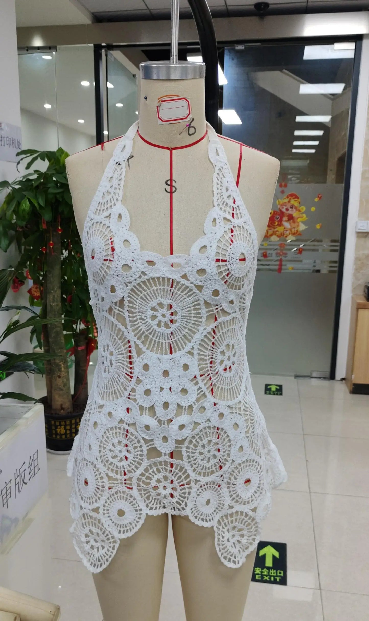 Combhasaki Women Summer Boho Knitted Crochet Halter Neck Swimsuit Coverups VNeck Hollow Out Irregular Hem Short Mini Beach Dress