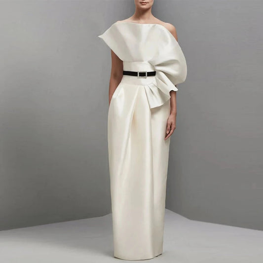 Vestidos de graduación, elegantes, de satén marfil, con volantes, cinturón, vestido a medida para ocasiones, corte recto y ajustado, sin tirantes, vestidos largos de noche
