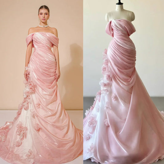 Vestidos largos de satén con flores fruncidas y corte en A, con hombros descubiertos, para celebridades, unisex, estilo chino, formales, casuales, sencillos