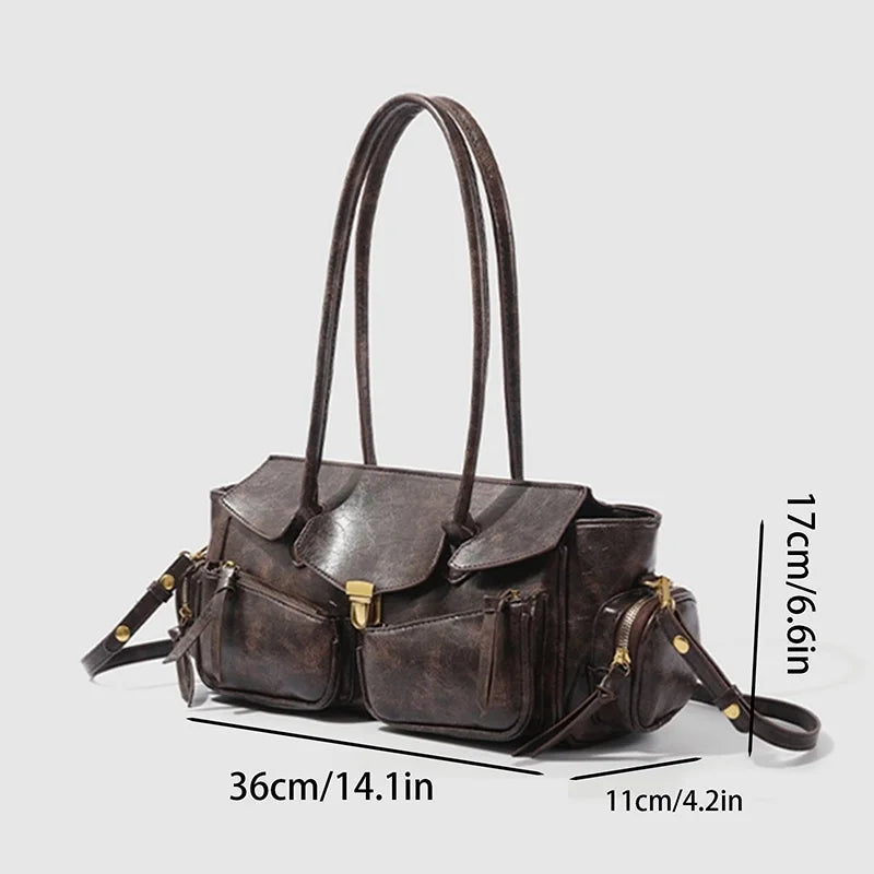 Vintage Underarm Bag for Women | Soft Split Leather Multi-Pocket Shoulder Handbag (Luxury Designer, Half Moon Shape) Luxegan