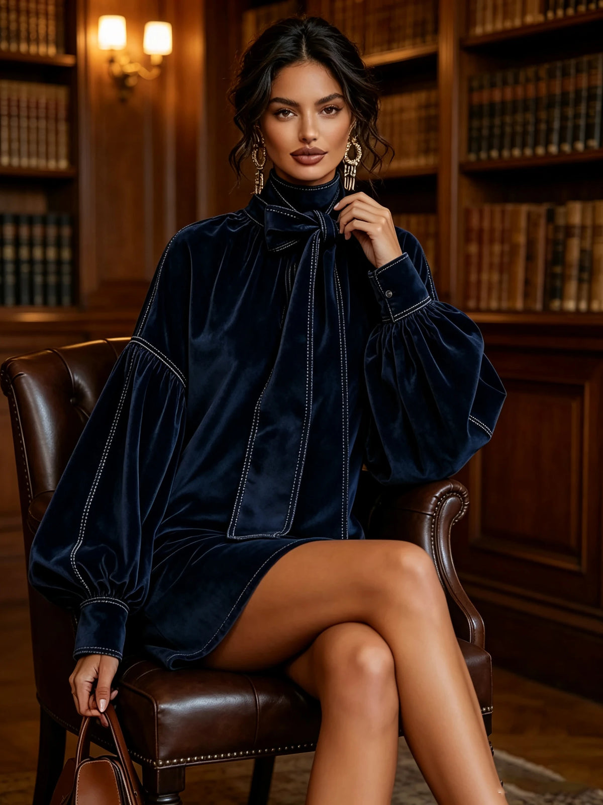 Solid Half High Collar Full-Length Lantern Sleeve Bow Detail Regular Fit Straight Midi Dress – Natural Waist, Spring/Autumn Luxegan