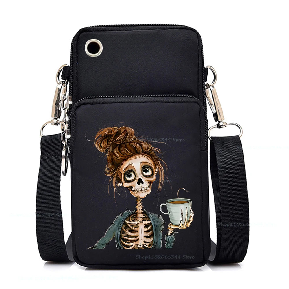 "Dead Inside But Love Cats" Shoulder Bag | Sophisticated Funny Vintage Skeleton Purse | Elegant Cartoon-Print Mobile Phone Bag | "Dignified" Soft Nylon Mini-Handbag for Versatile Casual Styling Luxegan