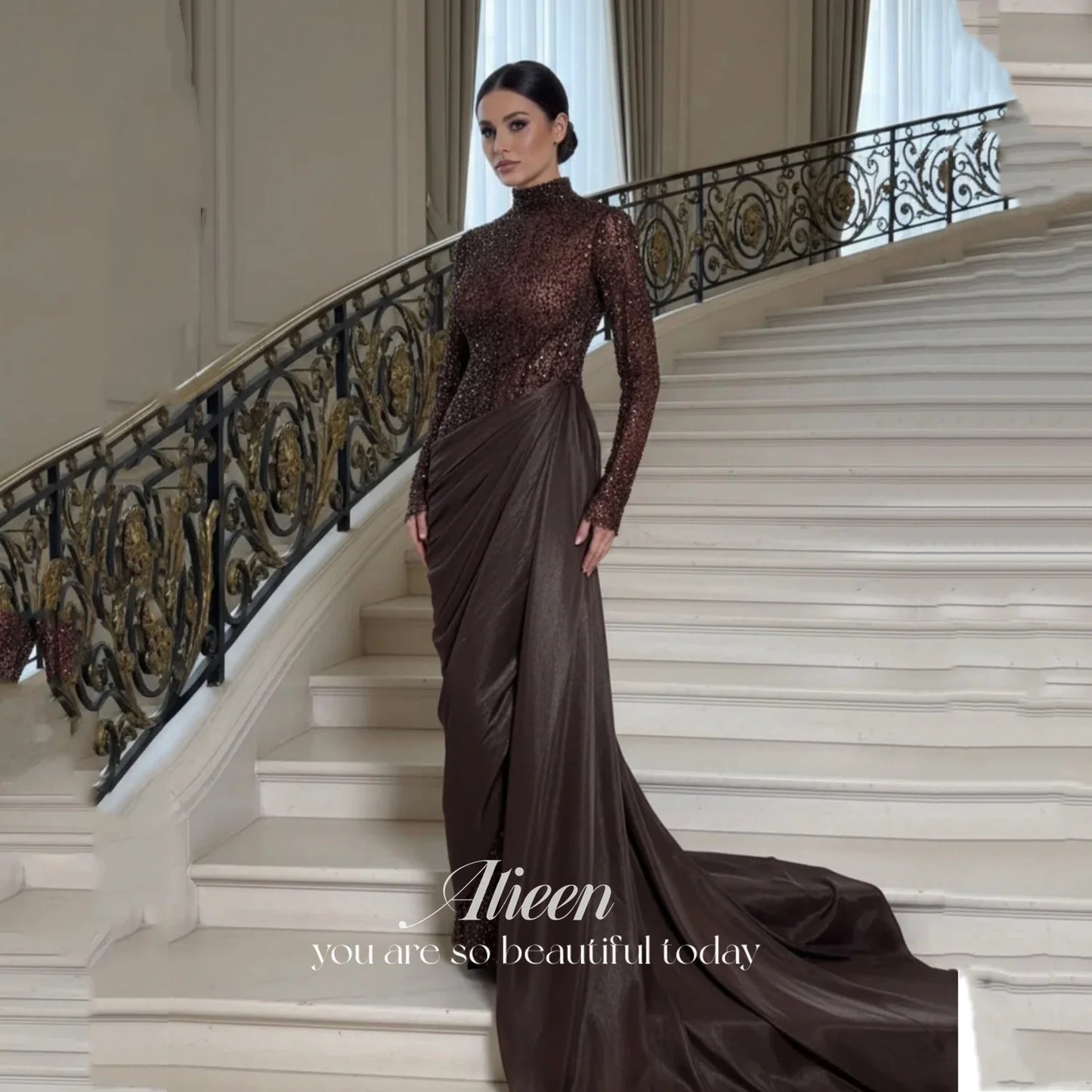 Classic Brown Satin Mermaid Evening Dress | Luxurious O-Neck Full Sleeve Prom Gown | Premium Floor-Length Dress for Special Occasions | Custom Made Non-Woven Trumpet Party Gown Luxegan
