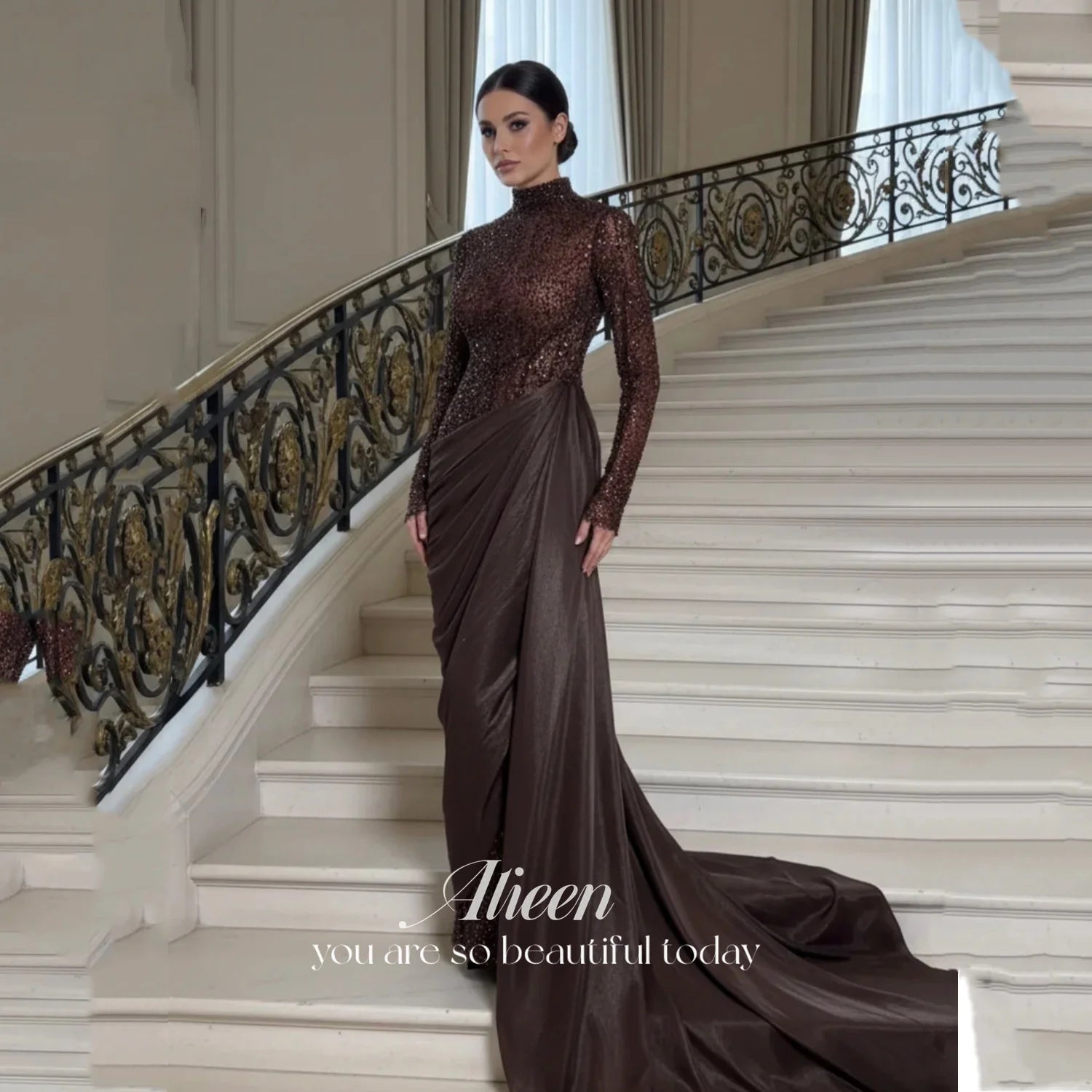 Classic Brown Satin Mermaid Evening Dress | Luxurious O-Neck Full Sleeve Prom Gown | Premium Floor-Length Dress for Special Occasions | Custom Made Non-Woven Trumpet Party Gown Luxegan