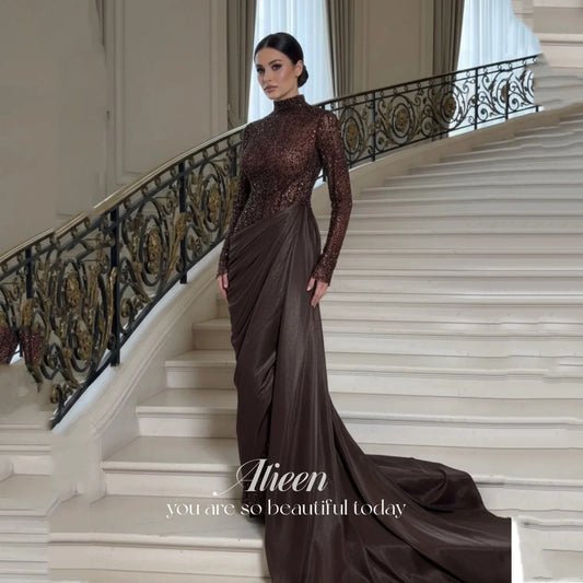 Classic Brown Satin Mermaid Evening Dress | Luxurious O-Neck Full Sleeve Prom Gown | Premium Floor-Length Dress for Special Occasions | Custom Made Non-Woven Trumpet Party Gown Luxegan