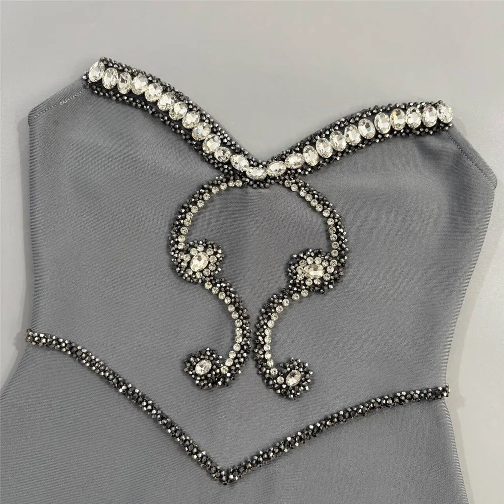 Solid Strapless Rhinestone Embellished Regular Fit Sheath Ankle-Length Knit Dress – Natural Waist, All Season Luxegan