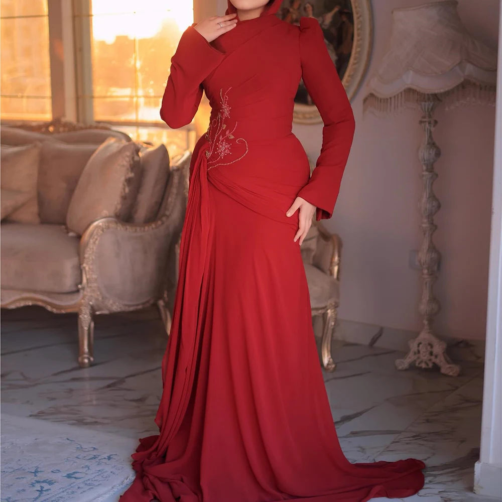  Floral Draped A-Line Evening Gown | High-Neck Full Sleeve Floor-Length Prom Dress Luxegan